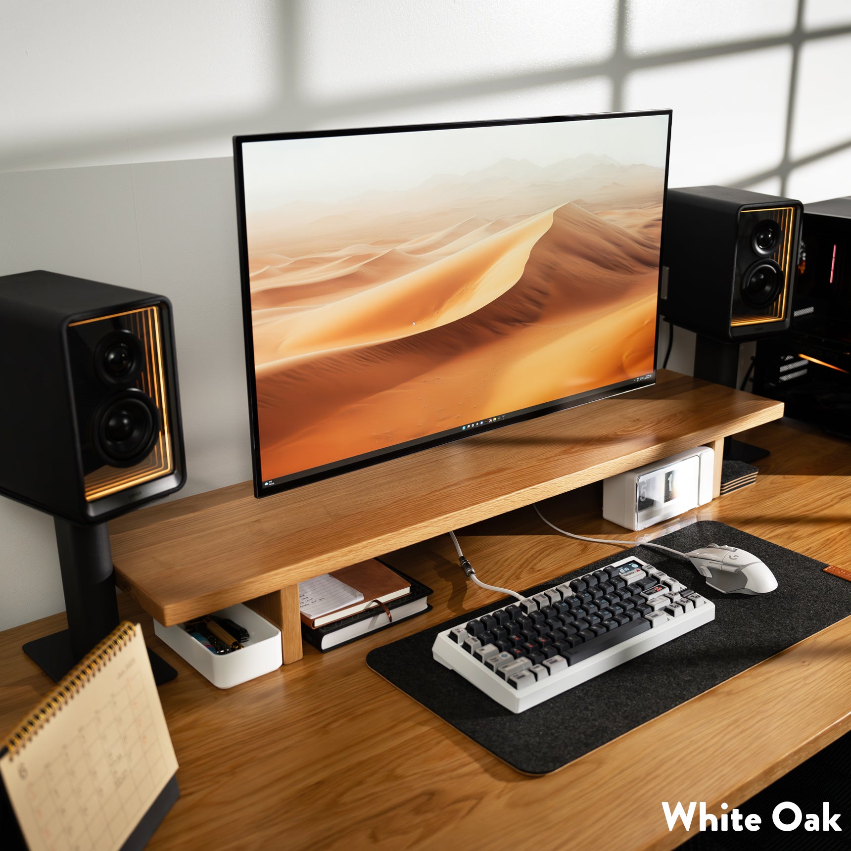 Desky Monitor Stand White Oak setup