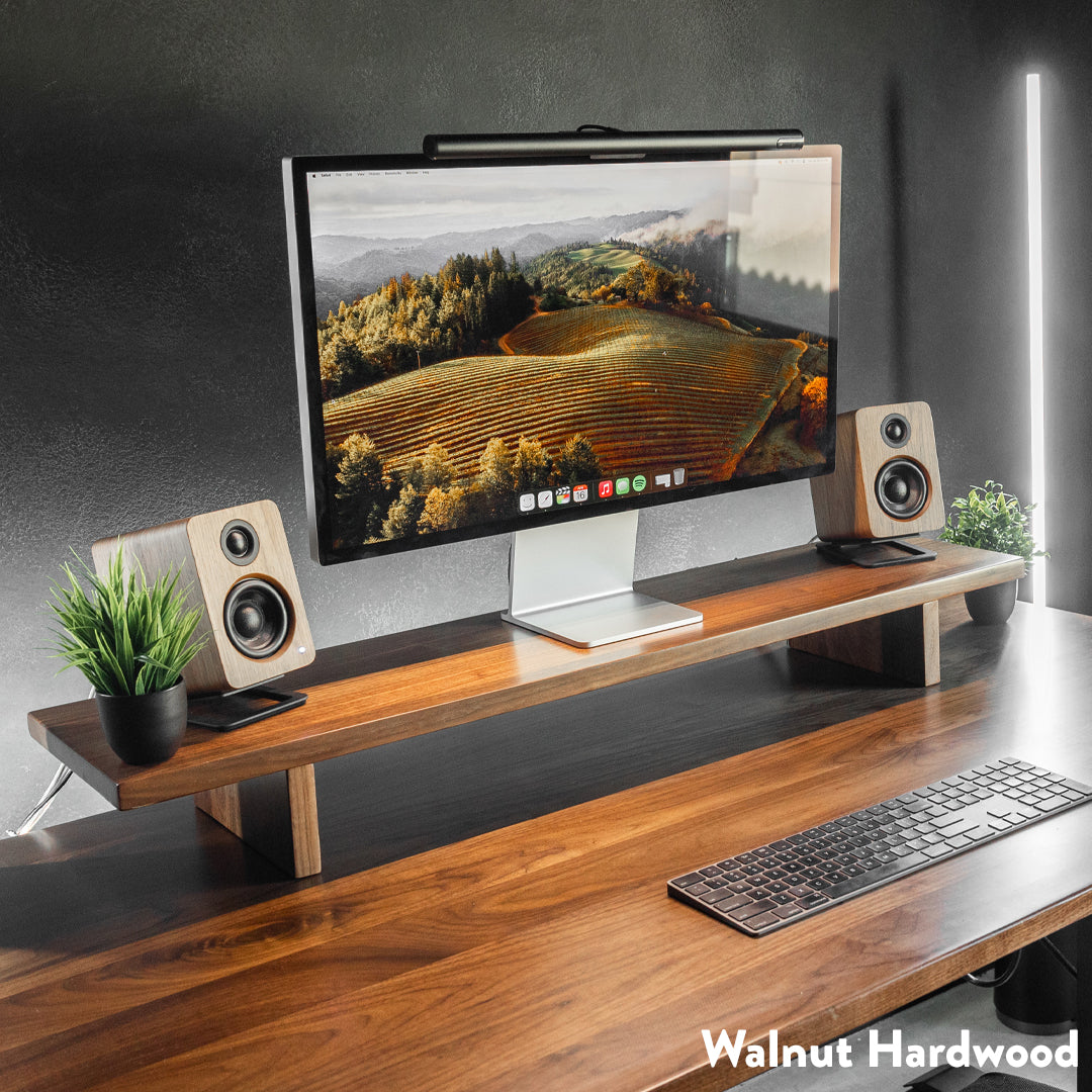 Desky Monitor Stand Walnut hardwood setup on desk