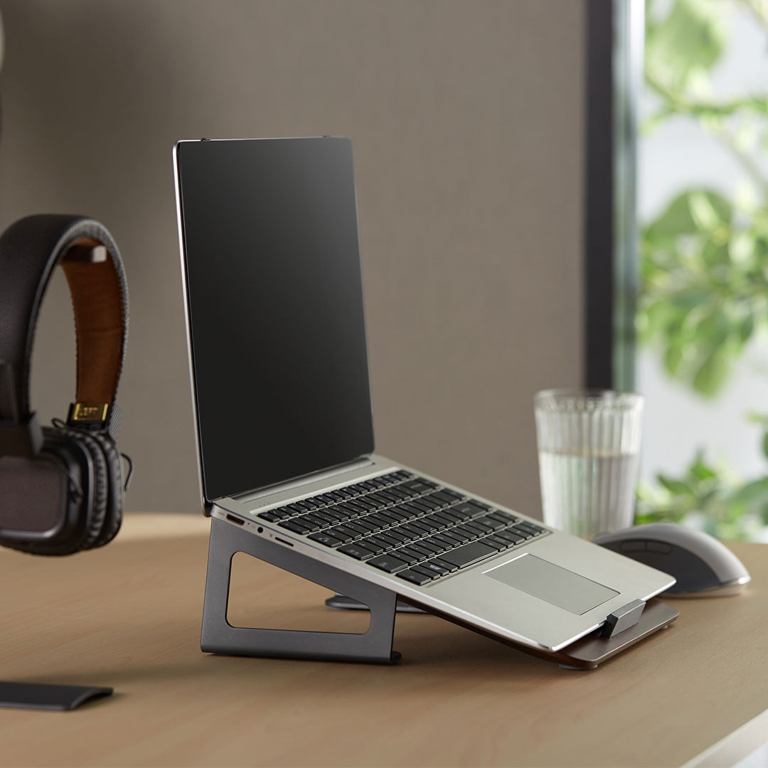 Desky wood and aluminium laptop riser in use